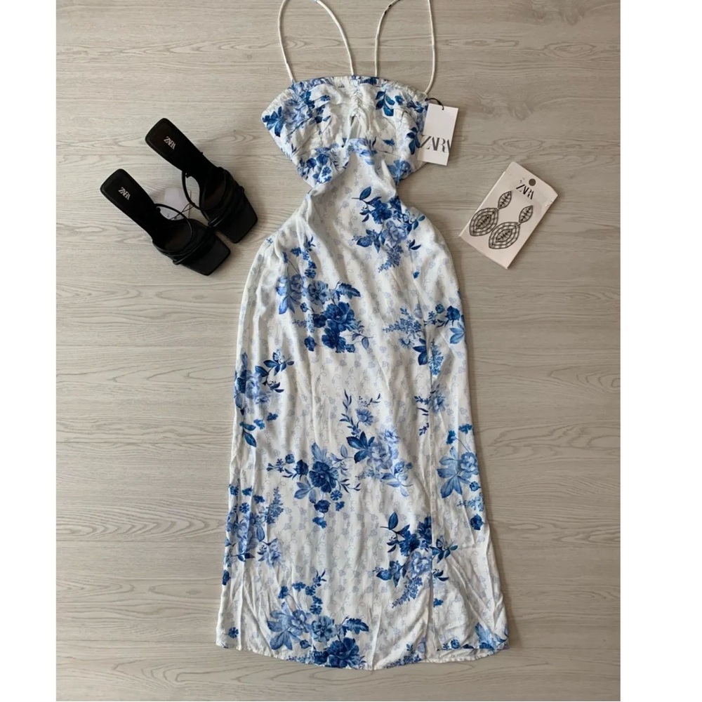 Size XL | Zara | Floral Linen Blend Cut Out Midi Dress